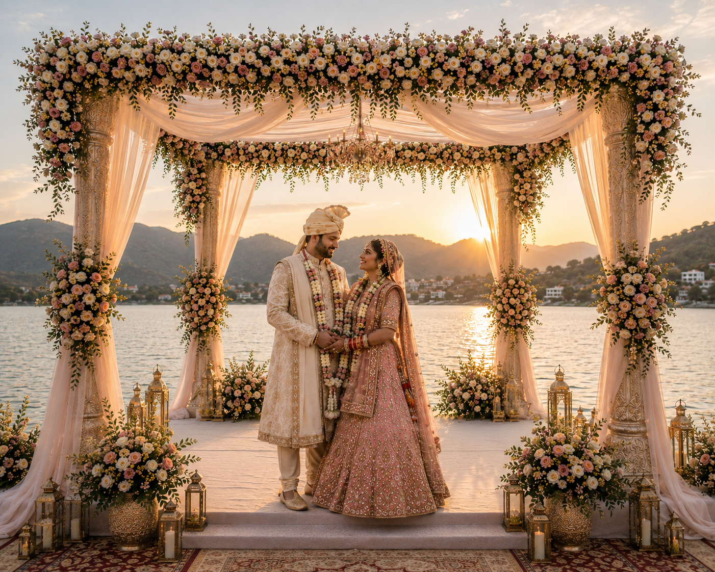 Wedding couple at beautifully decorated wedding mandap